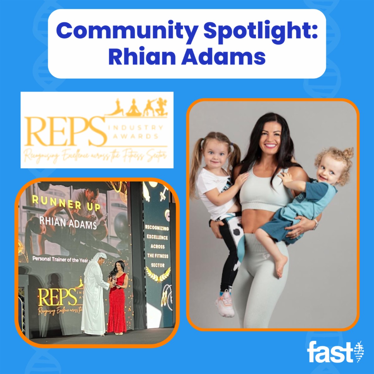 Community Spotlight: Rhian Adams, with the REPS Industry Awards award logo, a photo of Rhian accepting the award on stage, and a photo of Rhian posing with her two children