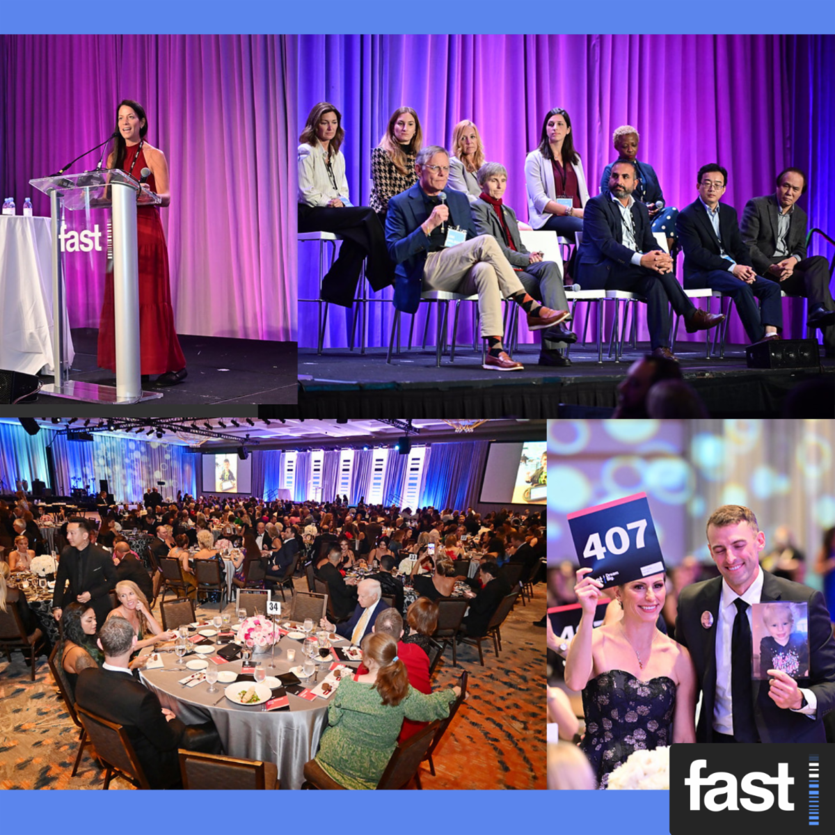 Photos from the 2023 Summit & Gala - Allyson Berent speaking, panelists answering questions, the community seated at the Gala, and paddle raise participants
