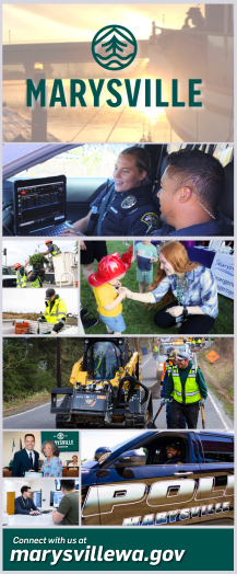 Marysville promotional graphic featuring a collage of community engagement and city services. The top section displays the Marysville logo over an image of a waterfront at sunset. Below, various images showcase a police officer interacting with a resident, city workers maintaining infrastructure, a child engaging in a community event, and a police vehicle. The bottom section encourages residents to connect with the city through the website 'marysvillewa.gov.'
