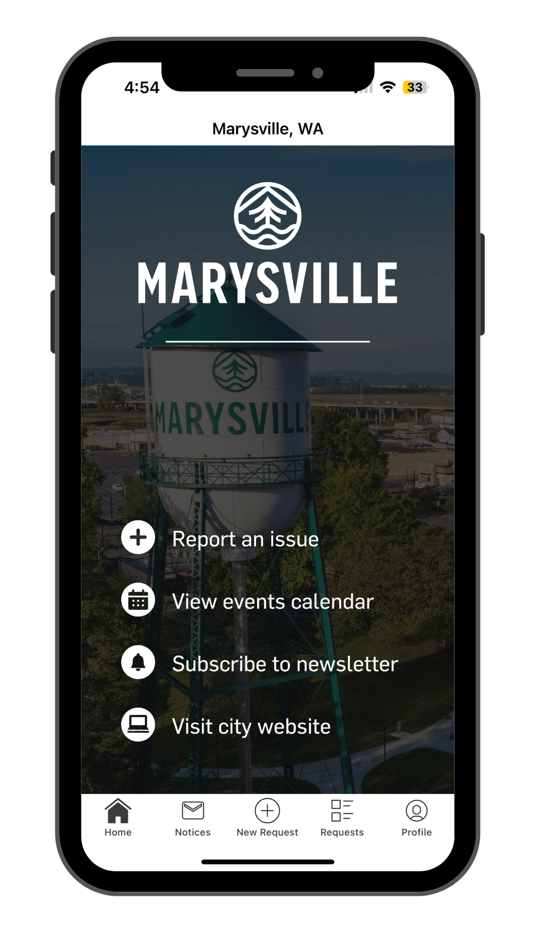 Cell phone image showing the My Marysville app menu on the screen, which lists options like "Report an issue" and "View events calendar"