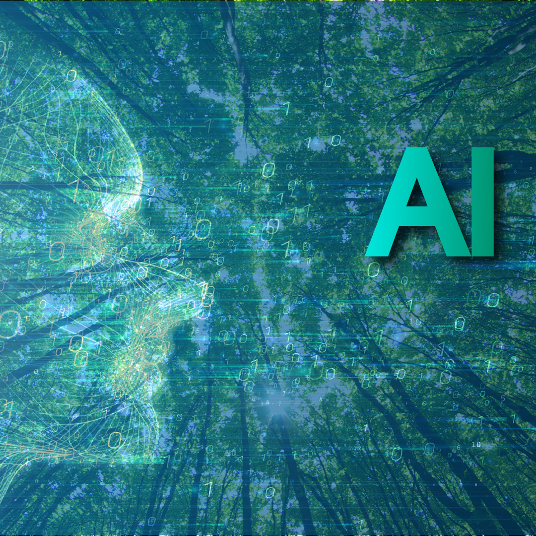 A color photo looking up towards a tree canopy with a transparent face over the image with the letters "AI"