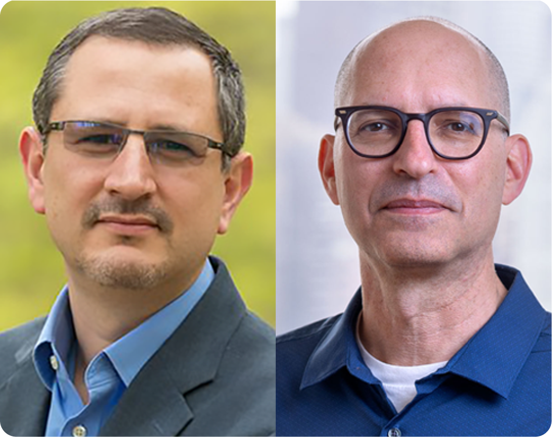 Two photos of men with glasses.