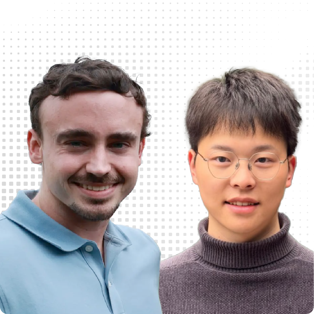 A color photo of 2 men in front of a grey pixel pattern background.