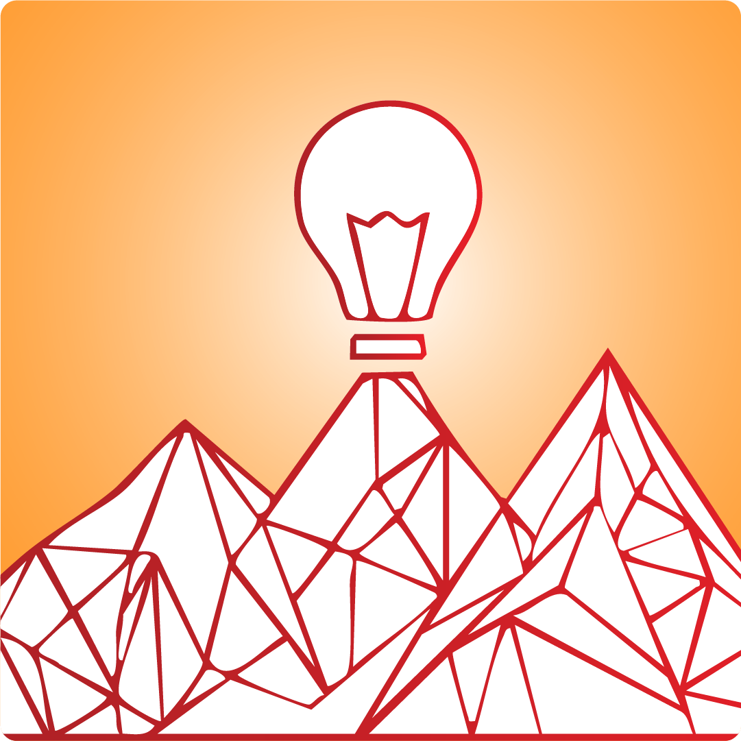 A color graphic with a mountain made up of red lines and a lightbulb at the highest peak.