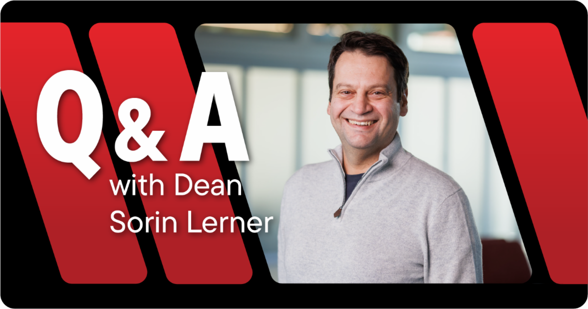A color graphic with the text Q&A with Dean Sorin Lerner with a photo of Dean Lerner.
