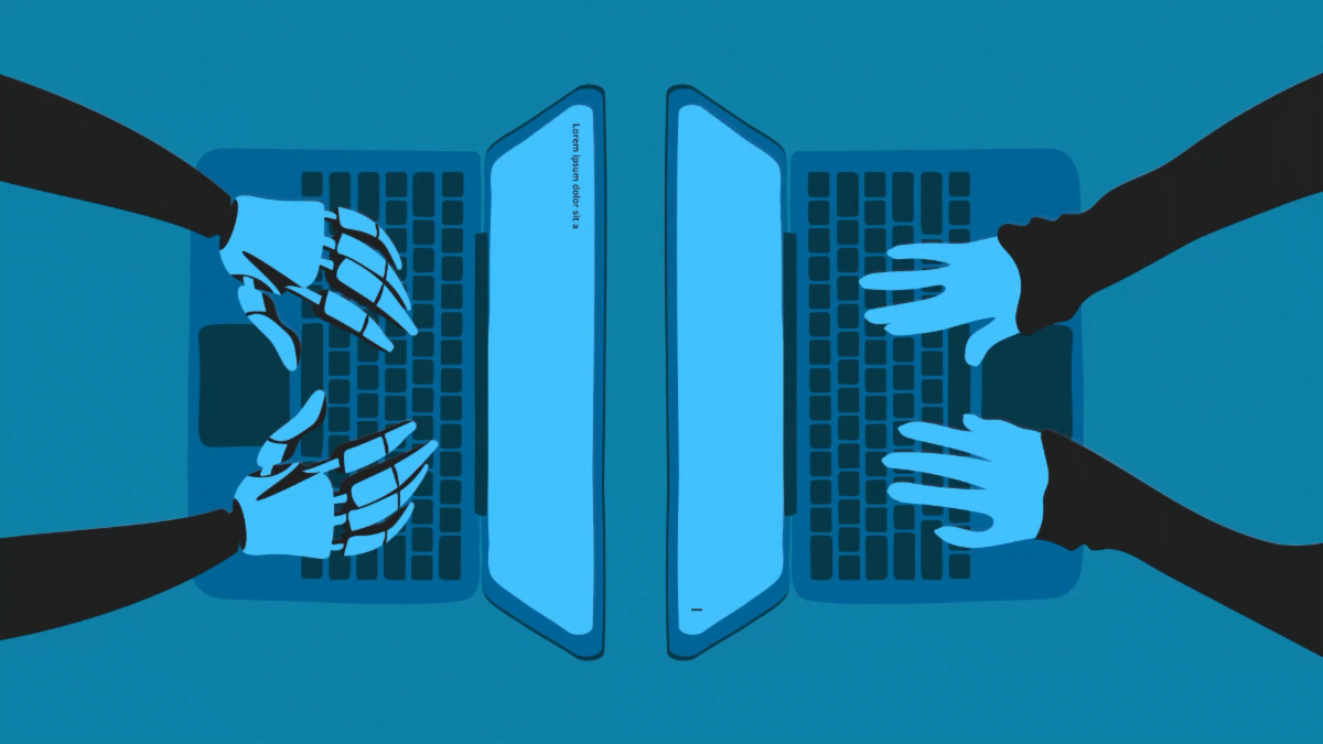 A graphic illustration showing 2 laptops from overhead. One has robot hands typing, the other has human.