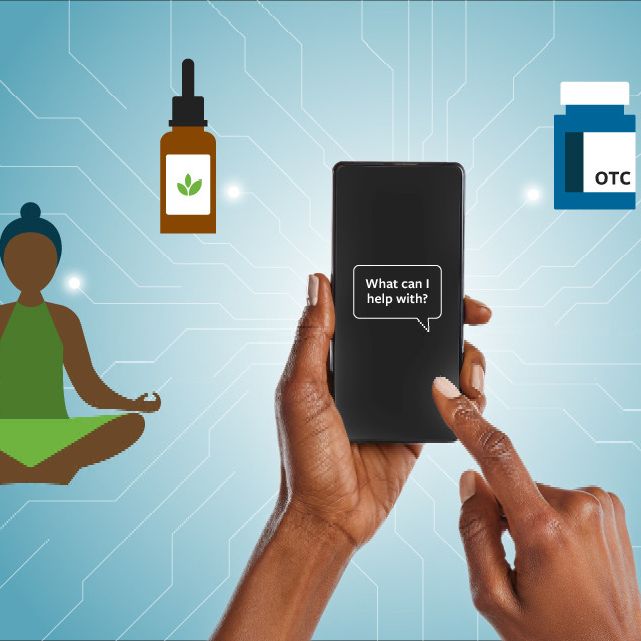 A color graphic showing hands using a cell phone, with different icons around it.