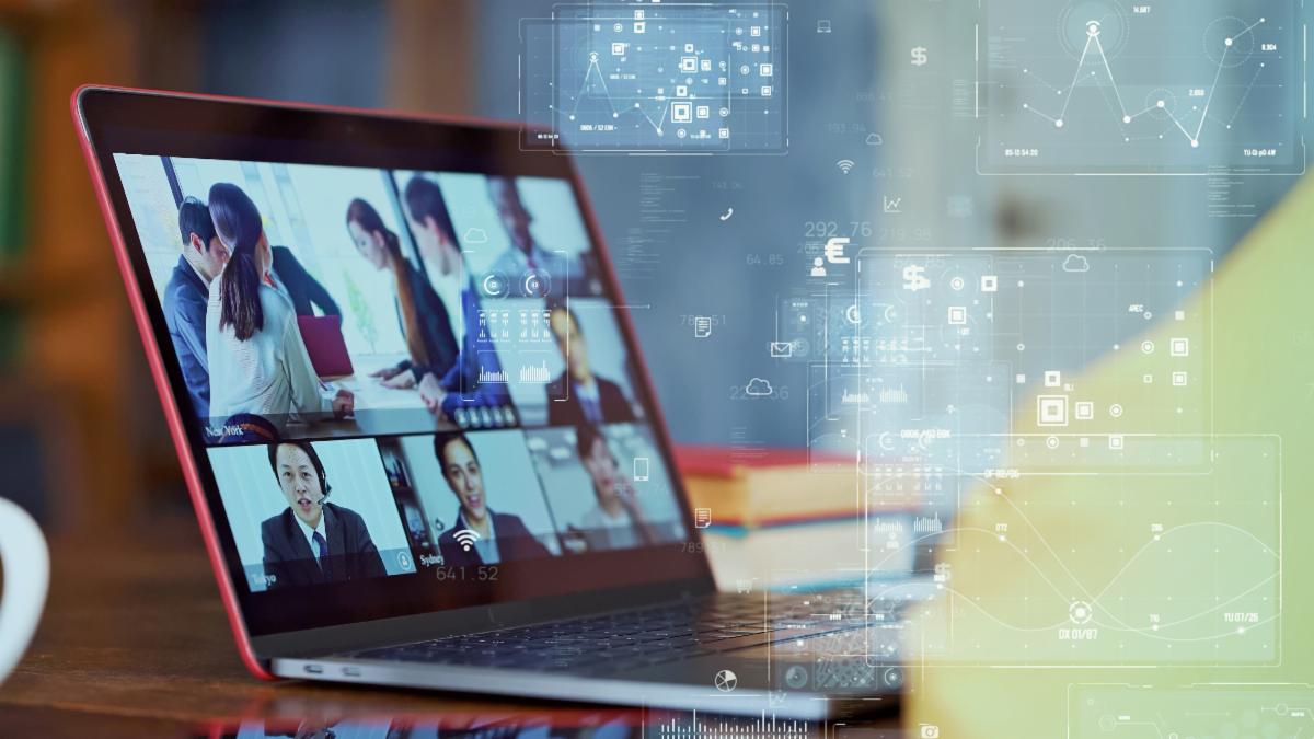 A color graphic showing the concept of videoconferencing. By Shutterstock contributor Metamorworks 