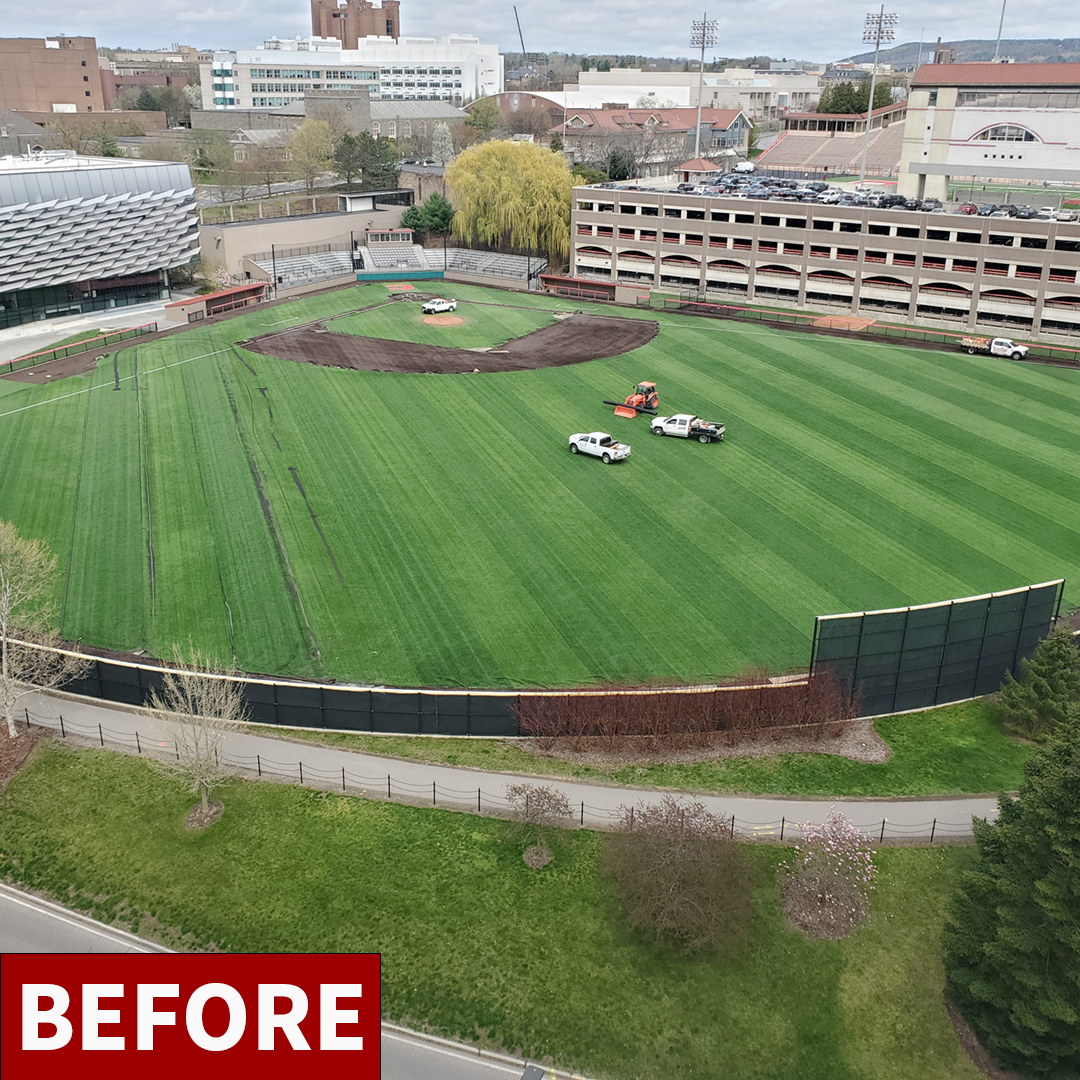 A color photo of a baseball field with the text "before"