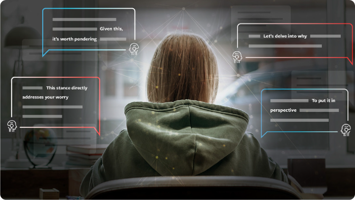 By Ashley Osburn/Cornell University - Illustration with a person surrounded by chat boxes with red and blue outlines. 