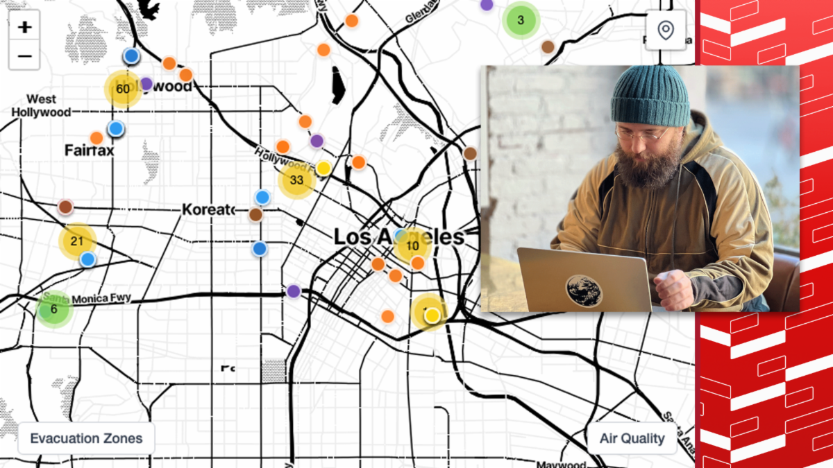 Fireaid.info is an interactive map created by Johan Michalove, a doctoral student in the field of information science, that helps connect displaced residents in the greater Los Angeles area with needed resources. Here, a screengrab of the map shows where 