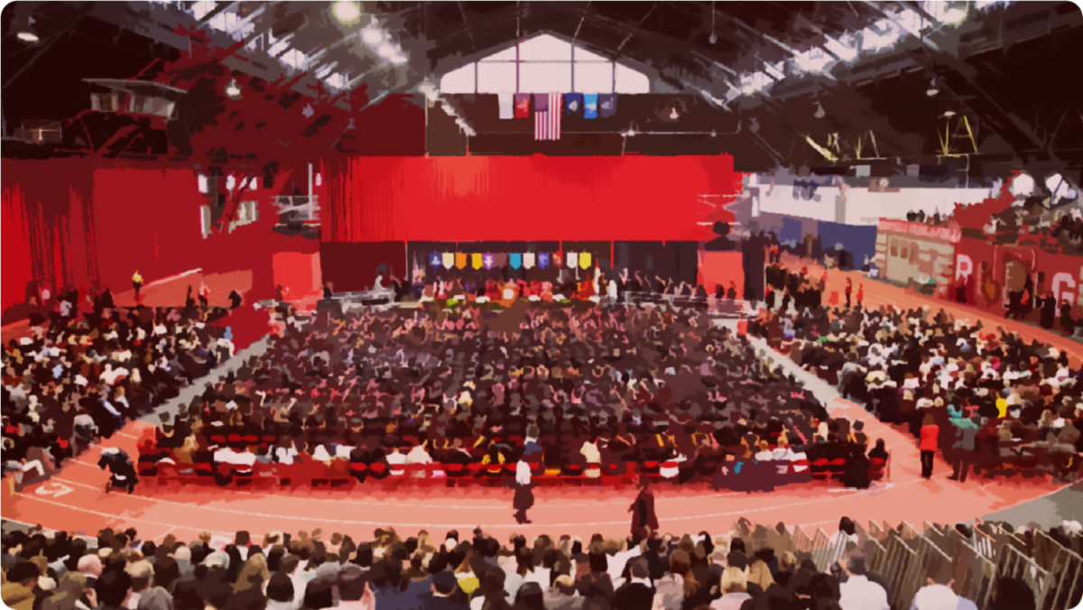 A graphic illustration based on a photo taken at a Cornell University December graduation ceremony.