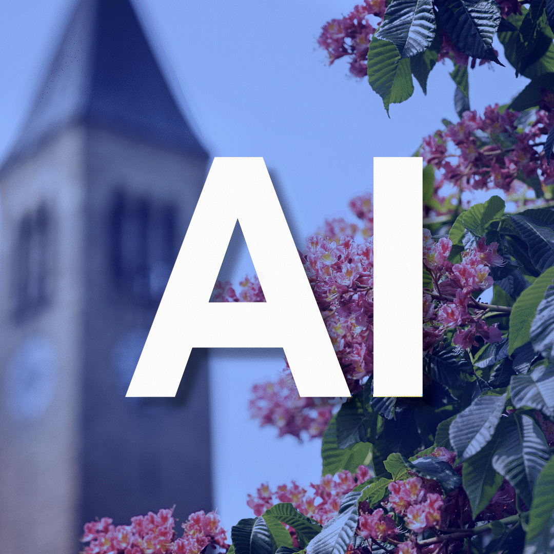 A photo of a clocktower with a blue overlay, then the letter AI in white.