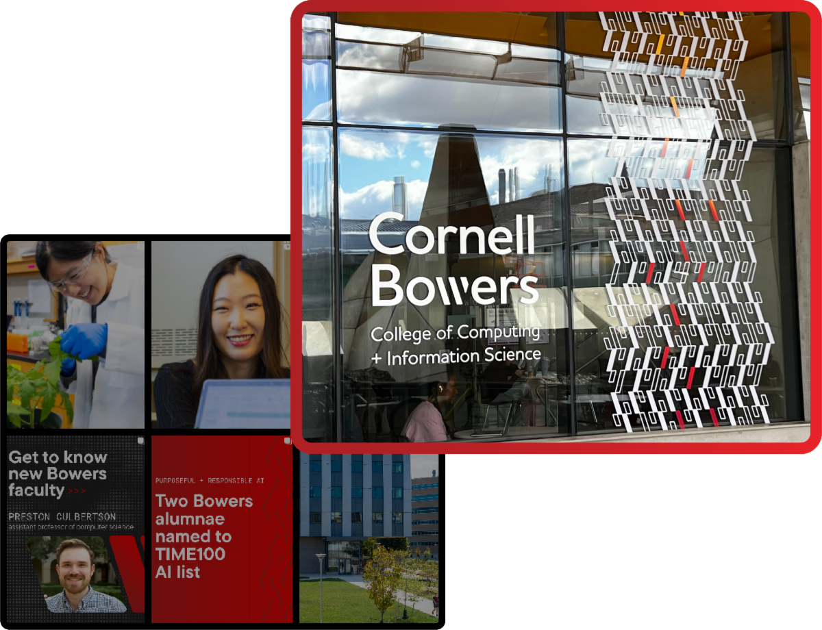 A photo grid showing Instagram post from Cornell Bowers focusing on a photo of Gates Hall's new window graphic