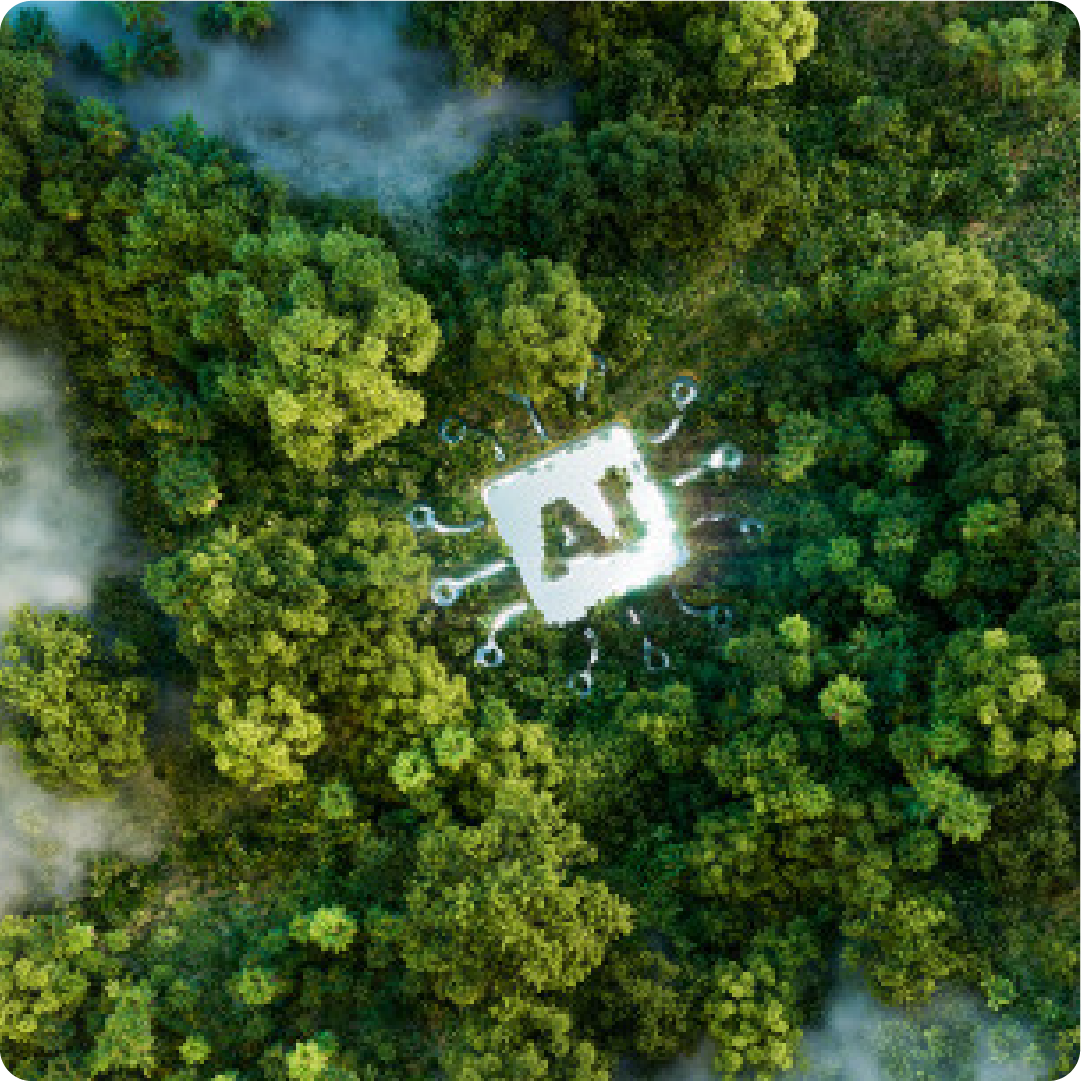 An overhead photo of a forest with AI added to the center of the image.