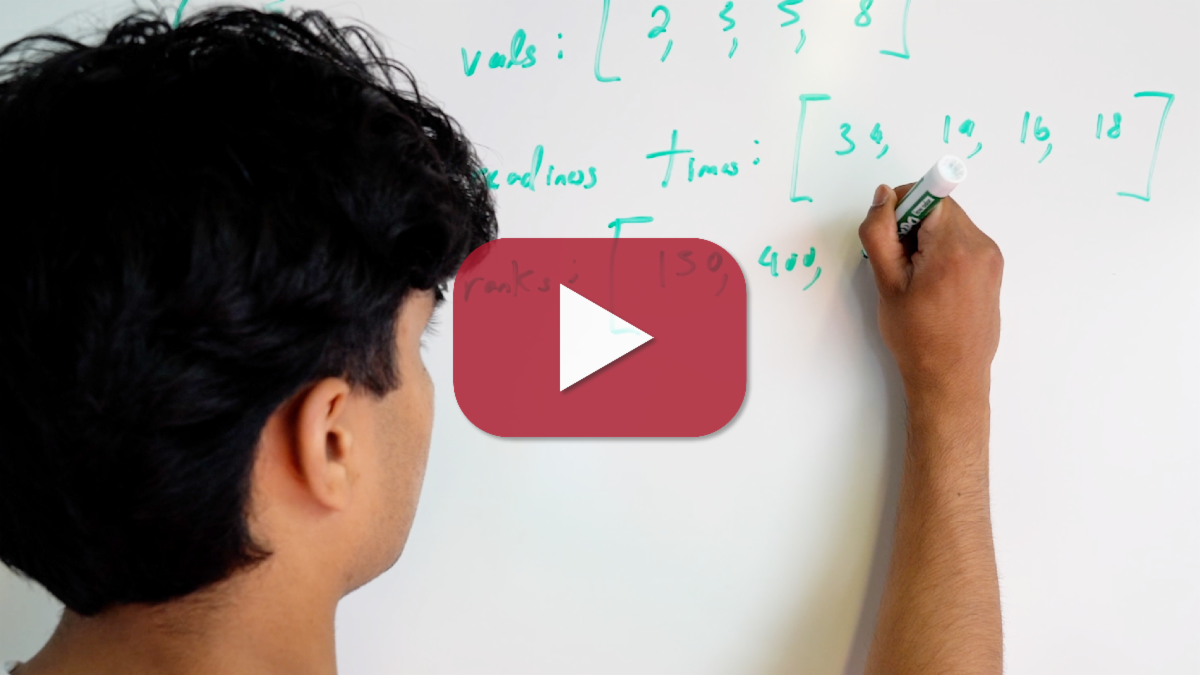 A photo of a man writing on a dry erase board with a red 'play' icon overlaying the photo