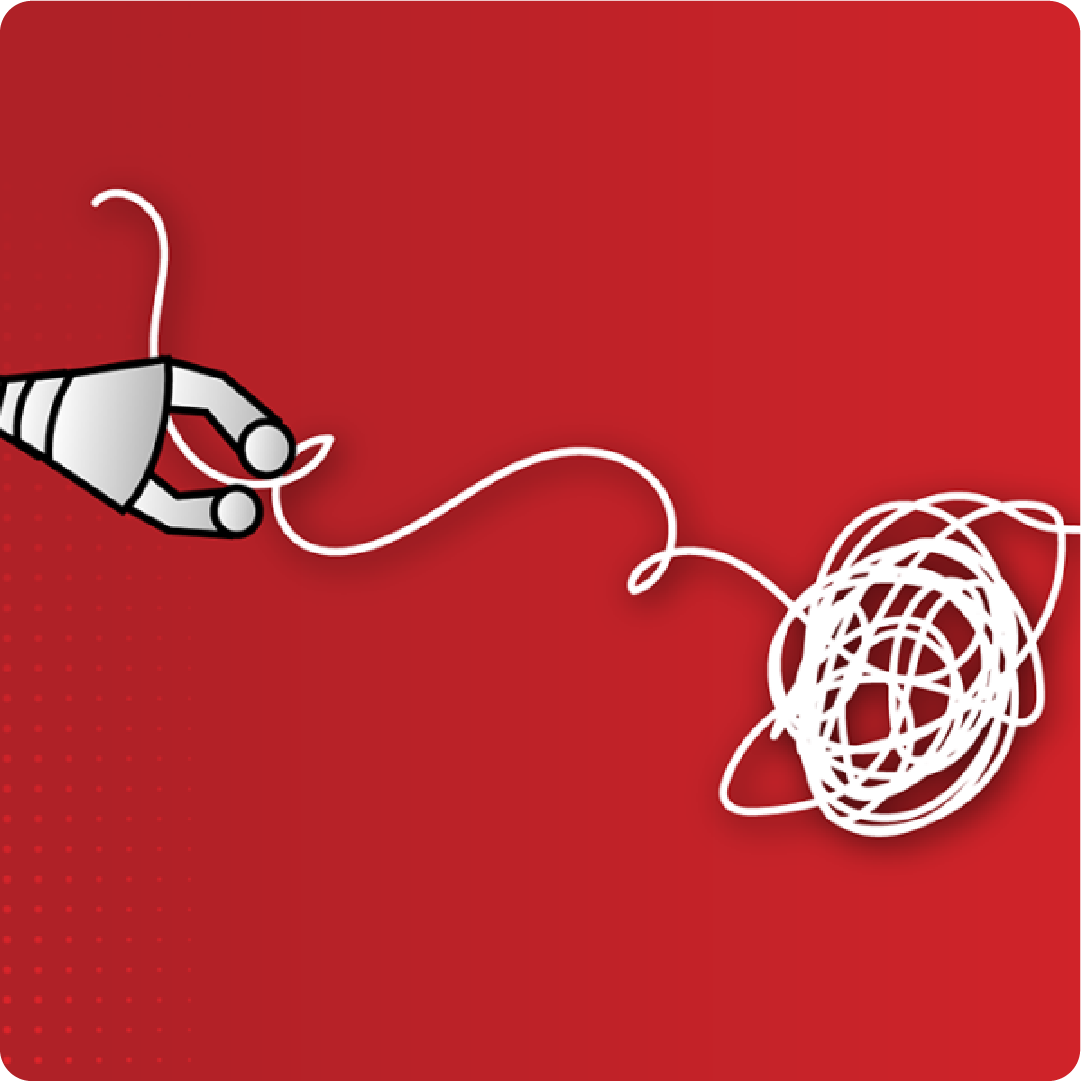 A color graphic showing robot hands attempting to untie a knot.