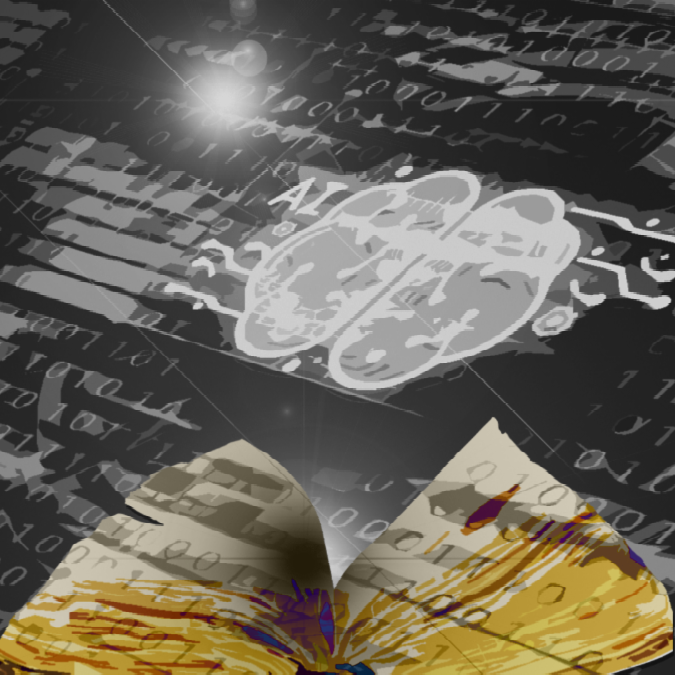A graphic illustration showing a book with an "AI Brain" in the background