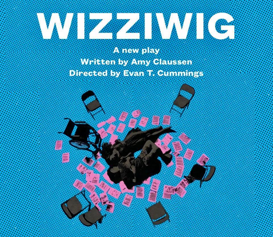 Light blue black dots background. Top show title caps white font WIZZIWIG. 5 gray chairs, 1 wheelchair as a circle. Inside it a couple lays down on pink papers.
