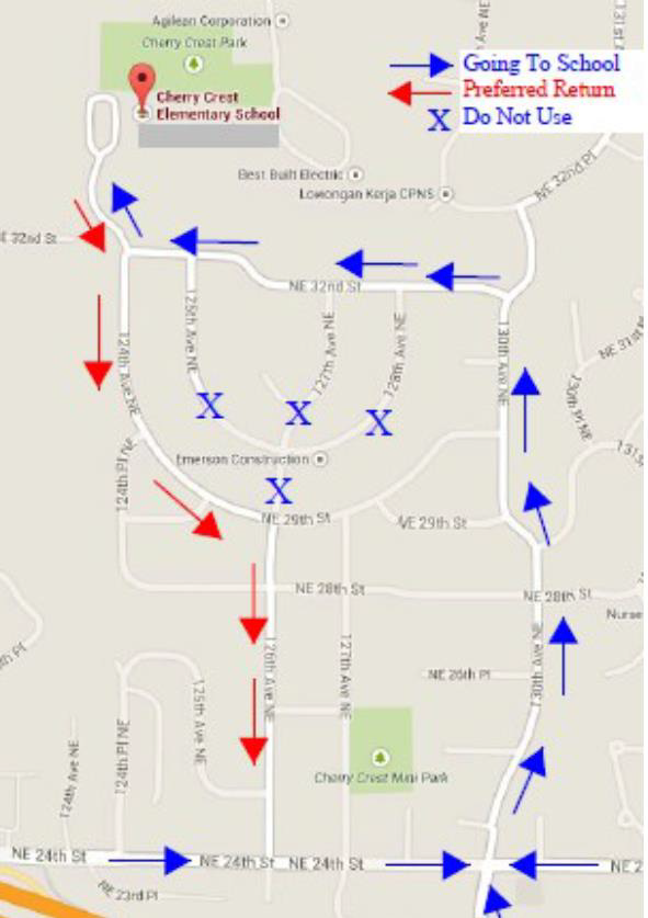 Traffic plan, showing approach to school along 130th Ave and NE 32nd St. and departure straight out along 124th Ave.