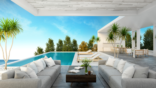  A Modern Beach House_  private swimming pool _panoramic sky and sea view _ 3d rendering