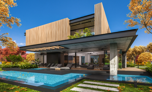 3d rendering of modern cozy house with parking and pool for sale or rent with wood plank facade and beautiful landscaping on background. Clear sunny autumn day with golden leaves anywhere.