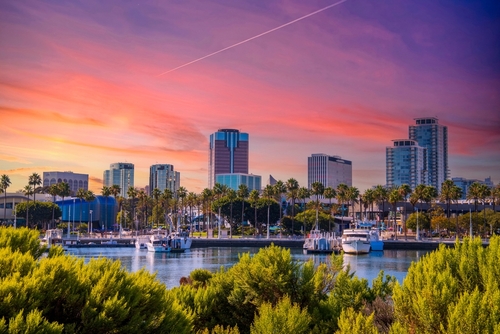 skyscrapers_ office buildings and hotels in the city skyline with boats and yachts docked on the blue ocean water in the harbor with lush green trees and plants at sunset in Long Beach California USA