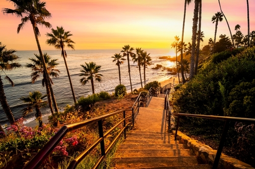A view of Laguna Beach sunset at the beach. Laguna Beach is located in southern California. USA