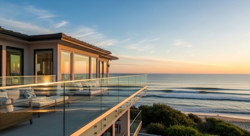 A beautiful luxury beach house with a stunning ocean view at sunset in California. The perfect place to relax and enjoy the beauty of the Pacific coast.