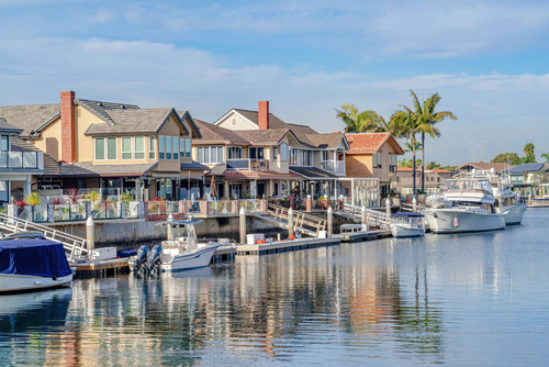 Houses in Huntington Beach California overlooking the beautiful harbor scenery