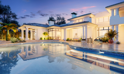 Expensive private villa. Swimming pool in a private house. Evening in a country house. Mansion exterior. Luxury villa with swimming pool. 3d illustration
