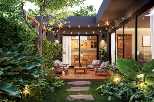 Modern contemporary style small wooden terrace in lush garden with house interior background 3d render_ there are green wall fence decorated with white outdoor furniture and string light