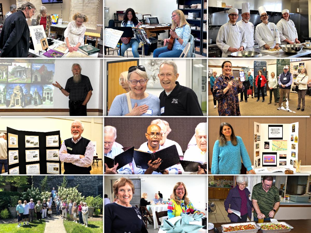 Various photos of OLLI at UK events such as 2 students playing ukuleles a group visiting the Keeneland Library 2 students attending a Donovan Forum chefs in a kitchen during a cooking class 2 members celebrating a going away celebration an instructor displaying their trifold at an open house 2 students singing in a choir 2 guests at a Spring Luncheon and a Morehead student and Morehead instructor preparing food during a cooking class