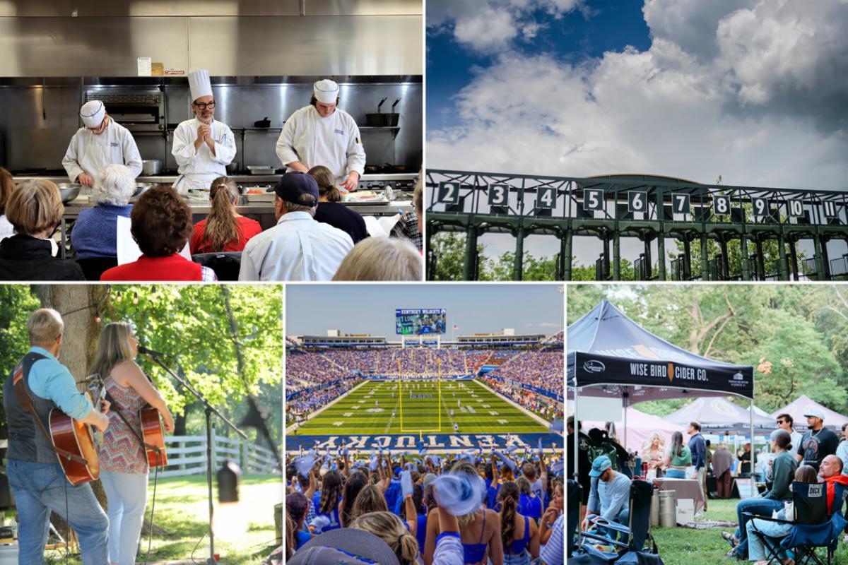 A collage of photos: a group of chefs giving a hands on demonstration of preparing food to a group of students, a photo of the gates at Keeneland race track, a group of people sitting in lawn chairs and tents for local cidery brewers at an outdoor festival, a overhead shot of a packed Kroger Field football stadium with crowd cheering, and a photo of a woman and a man both playing acoustic guitars on the lawn at Shaker Village