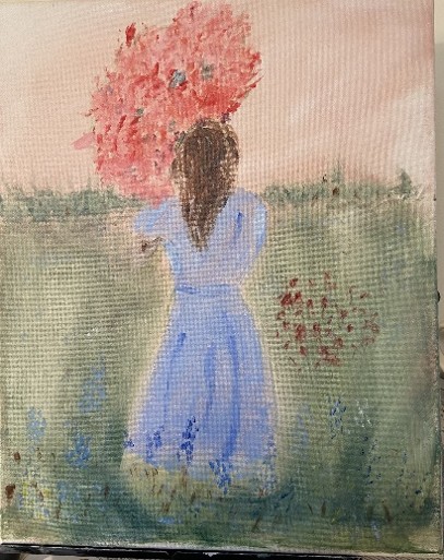 This picture was painted by Colette Crown in a class taught by Joe Schum during the COVID stay at home crisis. It shows a woman in a blue dress, facing away from view, holding a large batch of red flowers while walking through a grassy field.