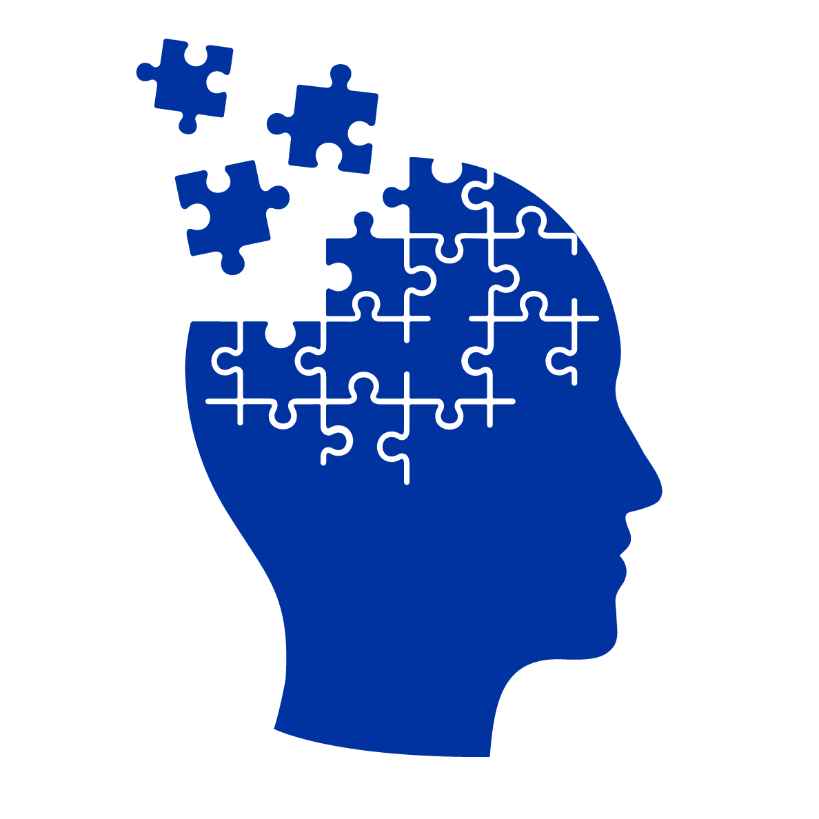 a graphic of a silhouette of a human head that gradually turns into puzzle pieces