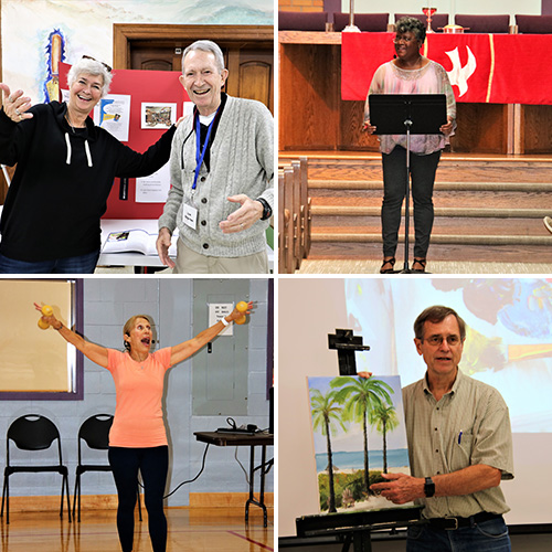 (Clockwise) 2 OLLI Members at an Open House event smiling, a guest lecturer presenting in a church hall, a Fitness instructor demonstrating in a church gym, and an art instructor pointing at and describing a painting of his