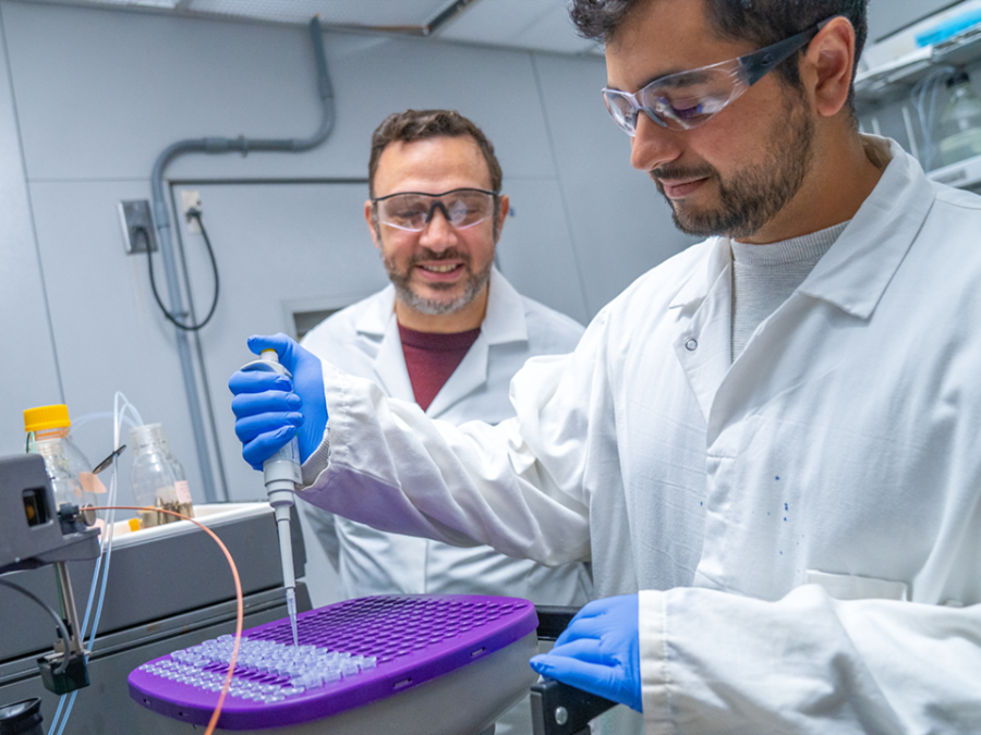 Two male researchers in lab coats with a pipette