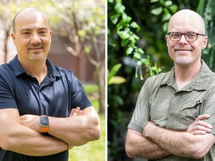 Two outdoor portraits of two men cropped together