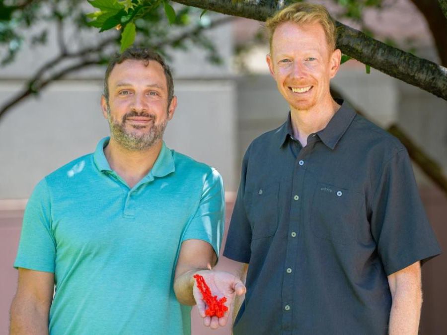 Portrait of two men standing outside, one holding a small red object