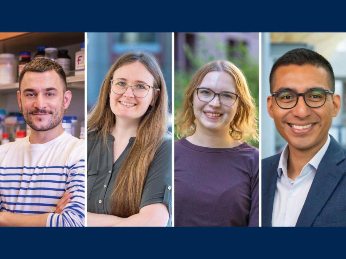 Four people smiling in portrait style photos arranged side by side against different backgrounds