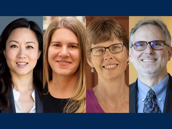 Composite image of four faculty headshots arranged side by side against different background colors.