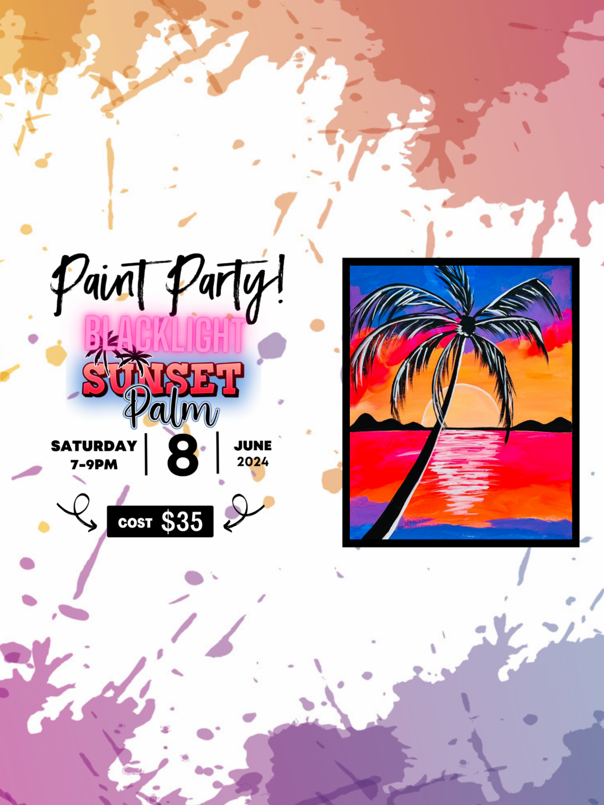 Blacklight Sip & Paint Class Sunset Palm