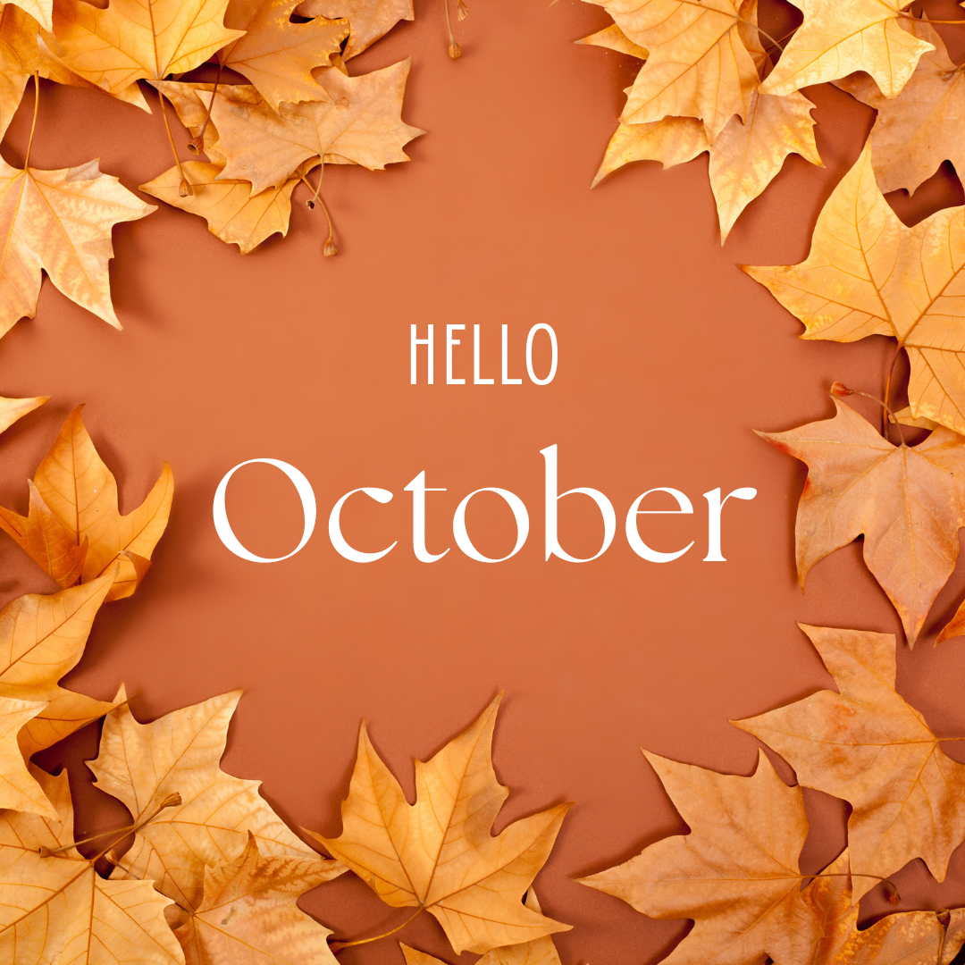 yellow and orange leaves around the words hello october