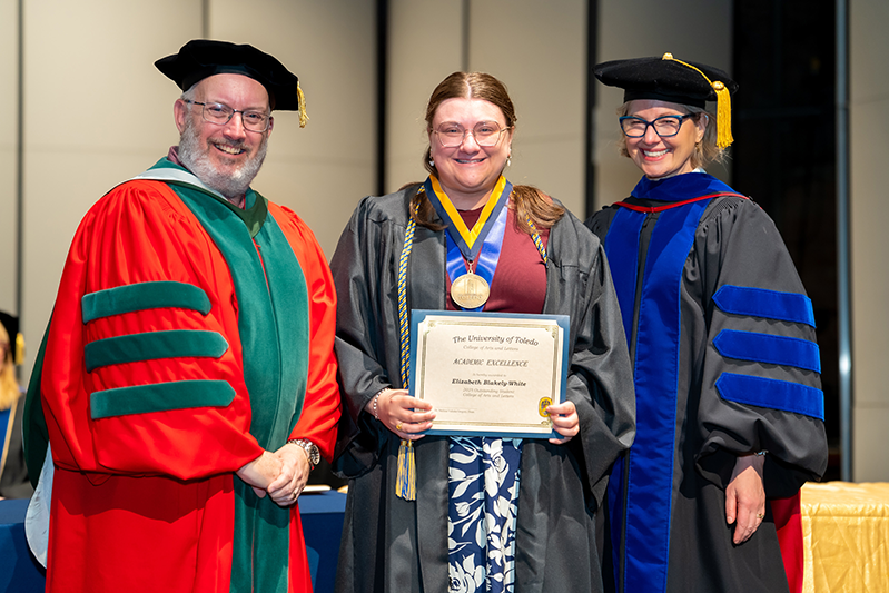 UToledo chair of Geography and Planning Sam Nelson Outstanding Student Elizabeth Blakely White and Dean Melissa Gregory