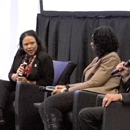 UToledo Communications professor Tisha Mays speaking during a Rotary Club panel discussion