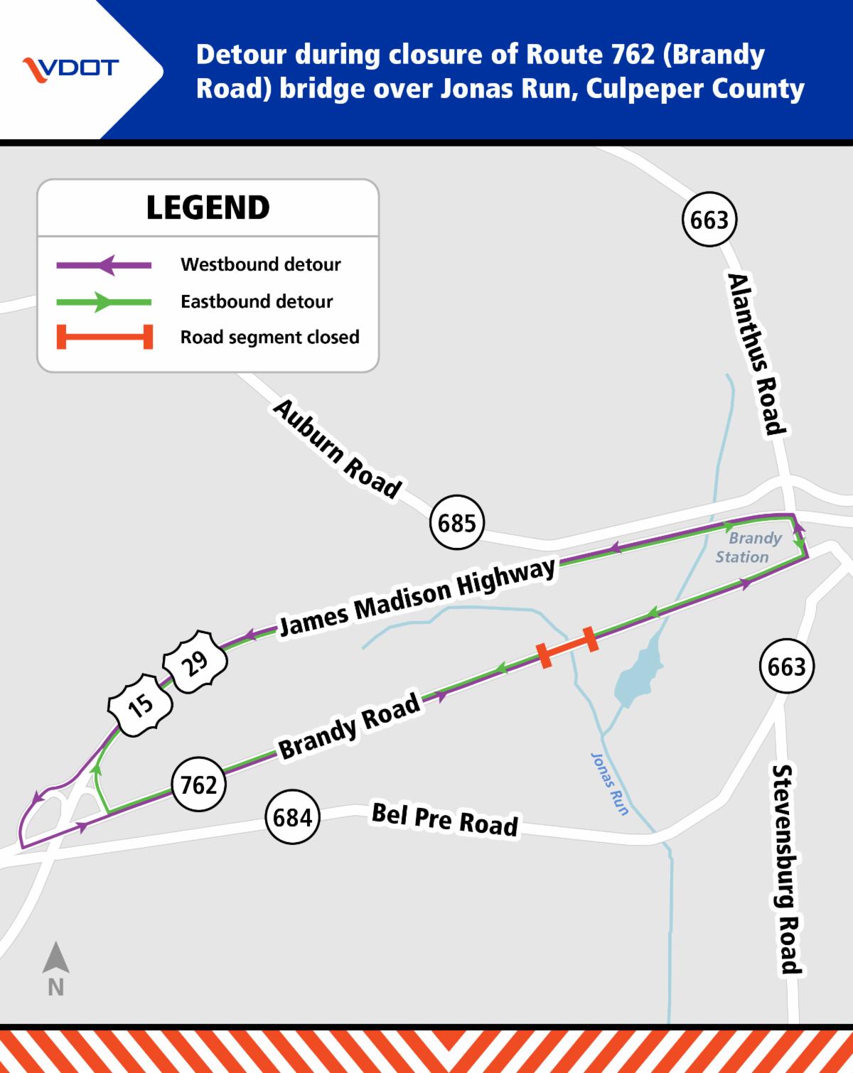 A detour map showing the route around a closure on Brandy Road in Culpeper County via Alanthus Road and James Madison Highway.