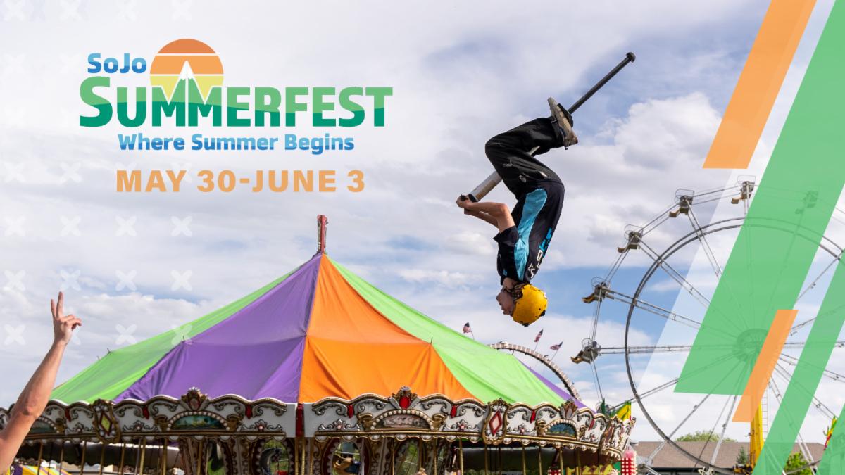 SoJo Summerfest Where Summer Begins May 30 - June 3 Xpogo Talent on a pogo stick doing a flip with carnival in the background