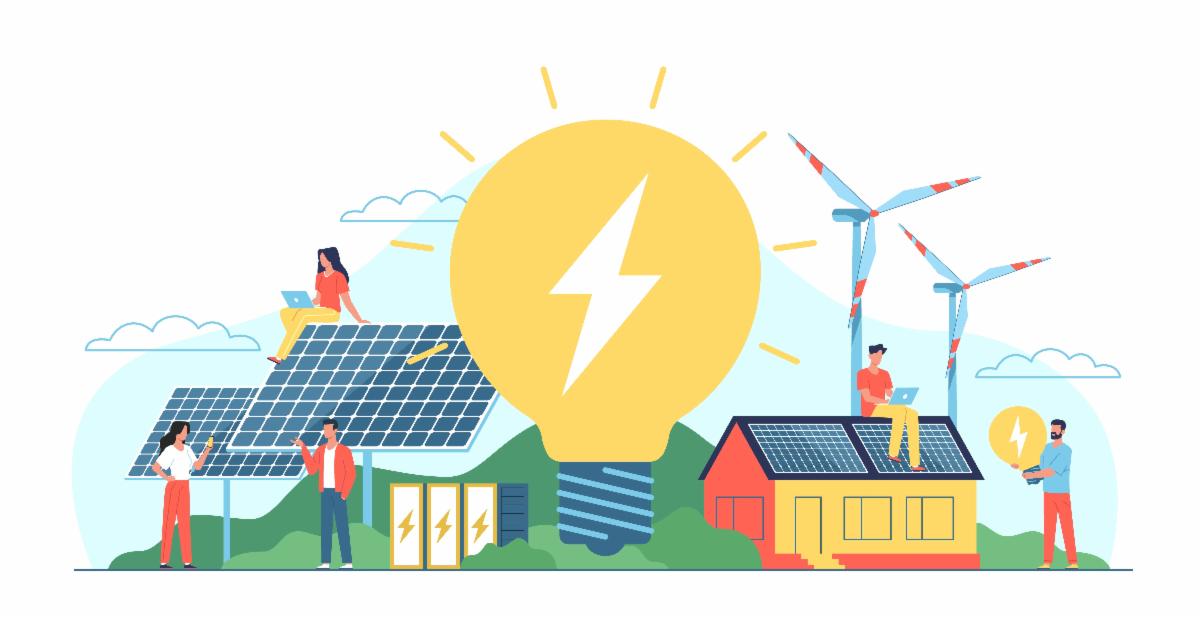 energy, lightbulbs, solar panels people