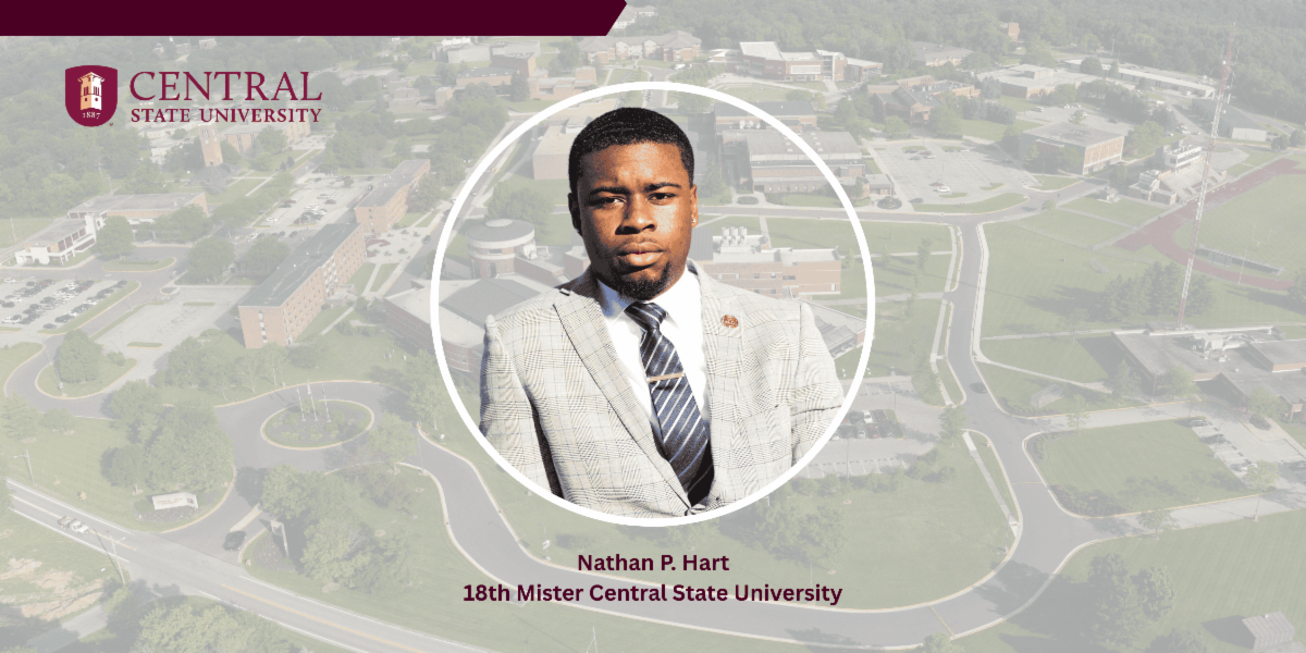 graphic with central state university logo and mister central state university nathan p hart